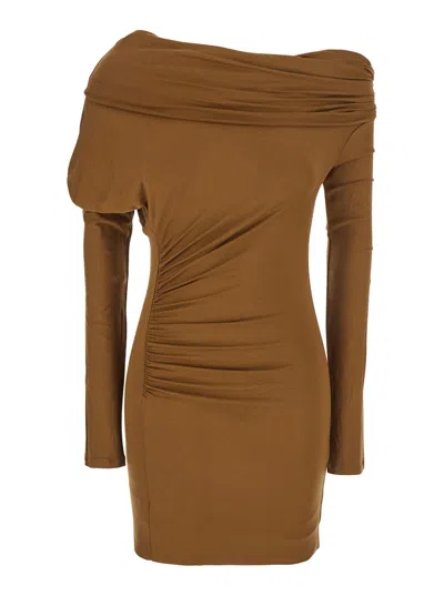 The Andamane Asymmetrical Draped Dress With Long Sleeves And Straight Hem In Brown