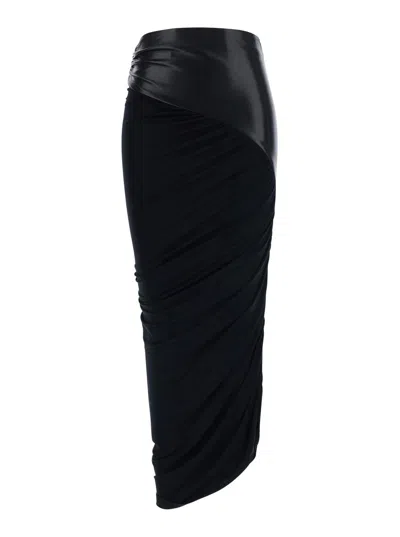 The Andamane Asymmetrical Hem Draped Midi Skirt In Ecoleather In Black