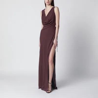 The Andamane Aubergine Silk-blend Long Dress In Brown