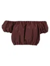The Andamane Elasticated Hem Off-the-shoulder Puff Sleeves Top In Burgundy