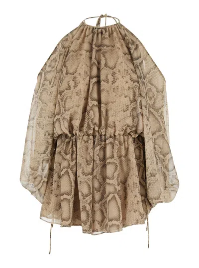 The Andamane Beige Blouse With All-over Python Print And Knot Closure In Fabric Woman In Animal Print