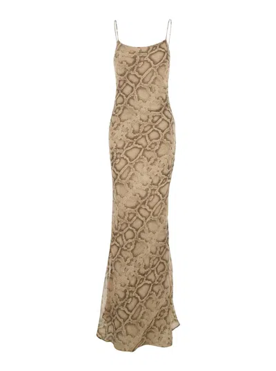 The Andamane Beige Long Dress With Thin Straps And All-over Python Print In Fabric Woman In Neutral