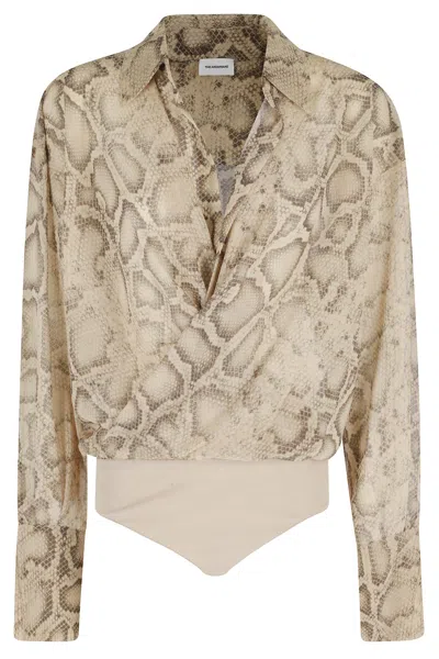 The Andamane Beige Python Paloma Shirt-collar Deep V-neck Bodysuit In Multi