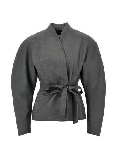 The Andamane Margaux High Collar Belted Long Blazer In Gold