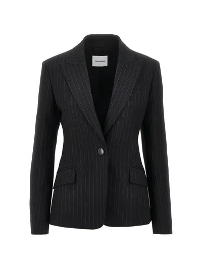 The Andamane Single-breasted Black Pinstripe Jacket In Cotton Blend In White