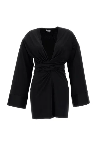 The Andamane Black Hall Fringe Sash Fluid Stretch Mini Dress