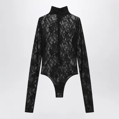 The Andamane Black Semi-sheer Lace Turtleneck Bodysuit