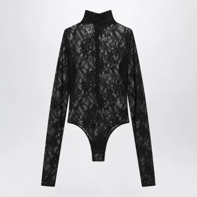 The Andamane Black Semi-sheer Lace Turtleneck Bodysuit In Animal Print
