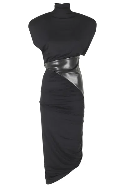 The Andamane Black Ursula Vegan Leather Waistband Draped Viscose Dress