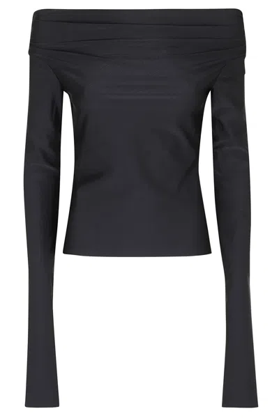 The Andamane Black Wallis Long-sleeved Off-shoulder Top In Blue