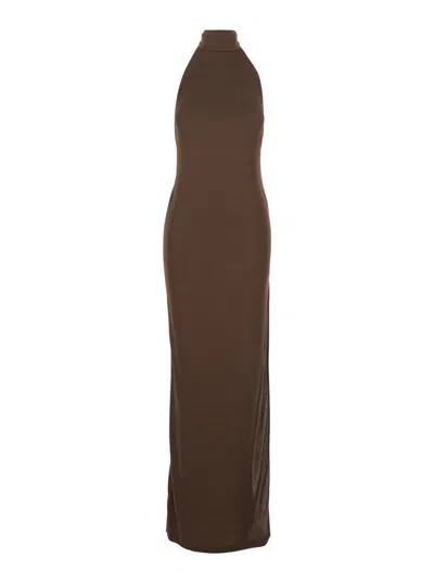The Andamane Cleo Brown Long Dress With Halterneck And Open Back In Viscose Blend Stretch Woman