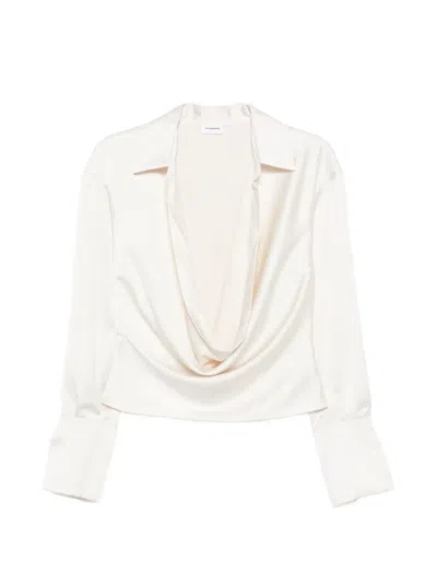 The Andamane Draped Front Satin Blouse Wide Neckline In White