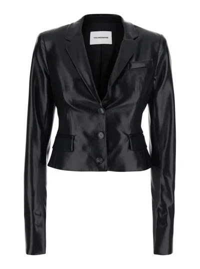 The Andamane Cropped Eco-leather Notched-revers Jacket With Button Front And Side Pockets In Black