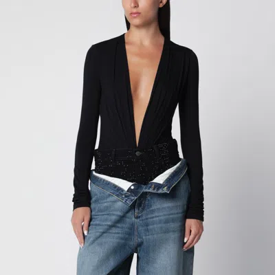 The Andamane Deep Neckline Black Stretch Jersey Bodysuit