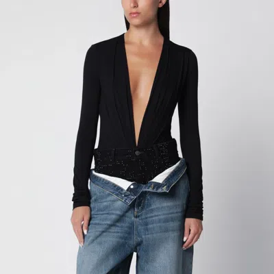The Andamane Deep Neckline Black Stretch Jersey Bodysuit