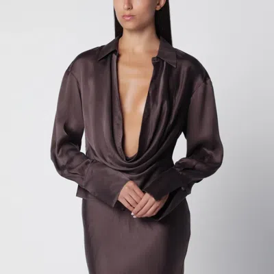 The Andamane Deep Neckline Rouge Noir Satin Shirt In Burgundy