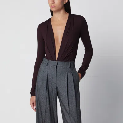 The Andamane Deep Neckline Rouge Noir Stretch Jersey Bodysuit In Burgundy