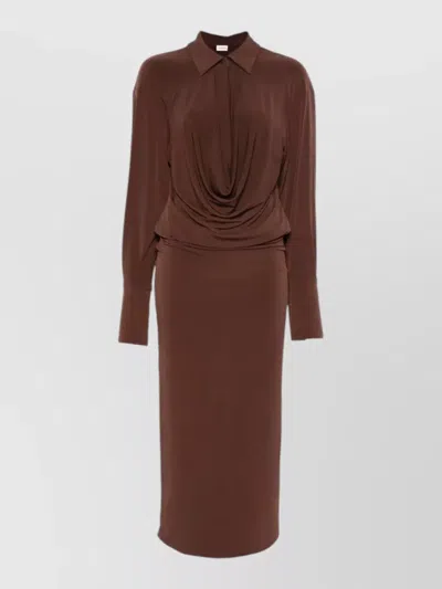 The Andamane Deep V-neck Long-sleeve Midi Dress In Brown