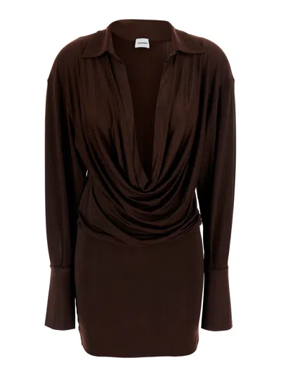 The Andamane Deep V-neck Open-collar Mini Dress With Cut-out Cuffs In Stretch Tech Fabric In Brown