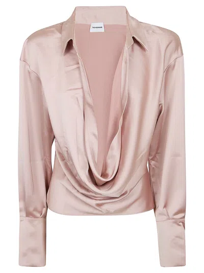 The Andamane Deep V-neck Satin Blouse With Extended Cuffs In Pink