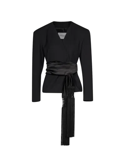 The Andamane Devina Fringe-trim Wrap Blazer In Black