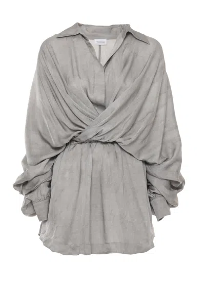 The Andamane Draped Grey Viscose Mini Dress With V-neck And Buttoned Sleeves In Gray
