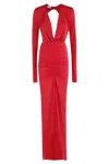 The Andamane Draped Long Red Maxi Dress With V-neckline And Front Slit In Red