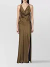 The Andamane Draped Neckline Halter Neck Open Back Dress In Neutral