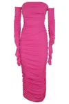 The Andamane Draped Off-shoulder Midi Dress In Vivid Fuchsia