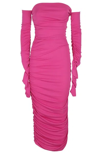 The Andamane Draped Off-shoulder Midi Dress In Vivid Fuchsia