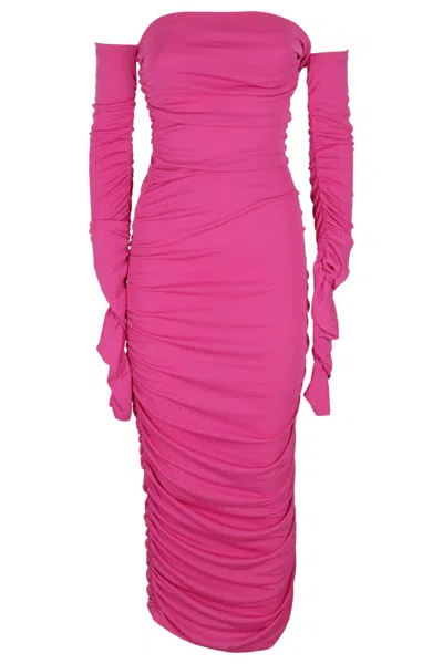 THE ANDAMANE THE ANDAMANE DRAPED OFF-SHOULDER MIDI DRESS IN VIVID FUCHSIA