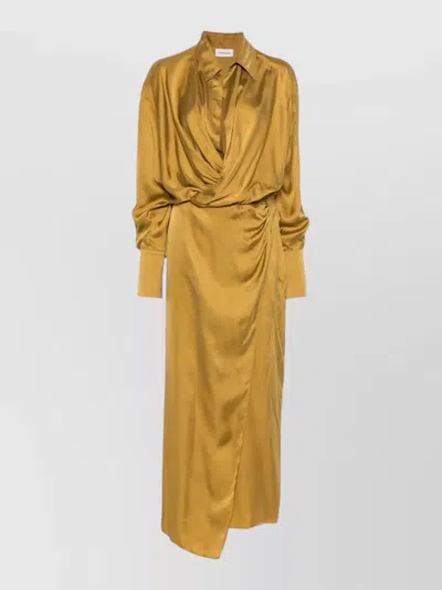 The Andamane Draped Wrap V-neck Midi Dress In Yellow