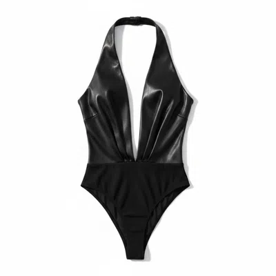 The Andamane Faux Leather Bodysuit In Black