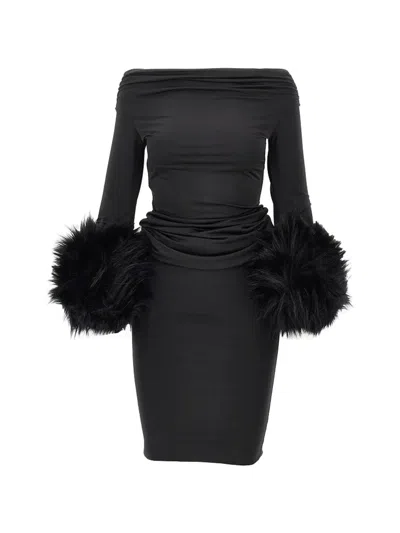 The Andamane Faux-fur Trim Off-the-shoulder Maxi Dress In Animal Print