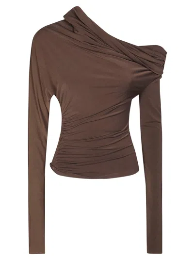 The Andamane Fitted Long-sleeved Top With High Neckline And Smooth Texture In Brown