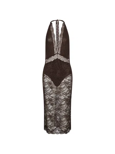 The Andamane Floria Lace-overlay Halterneck Fitted Midi Dress In Brown