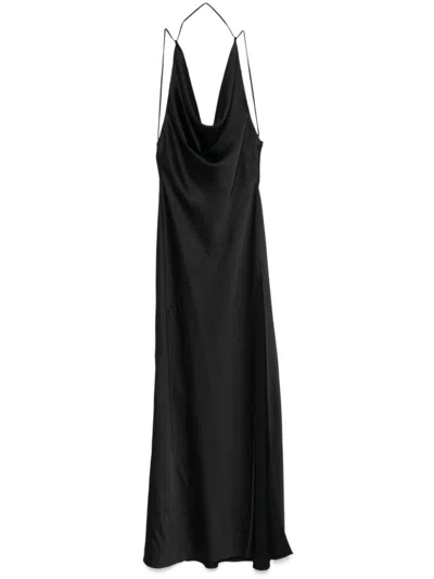 The Andamane Flowing Evening Dress With Deep Cowl Neckline In Black