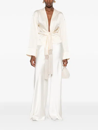 The Andamane Fringe-trim Tie-front Blouse In Neutrals