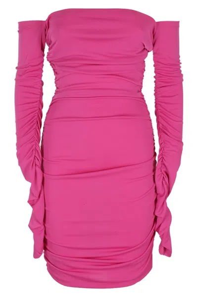 The Andamane Fuchsia Off-shoulder Mini Dress With Draped Sides In Pink