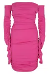 The Andamane Fuchsia Off-shoulder Mini Dress With Draped Sides In Pink