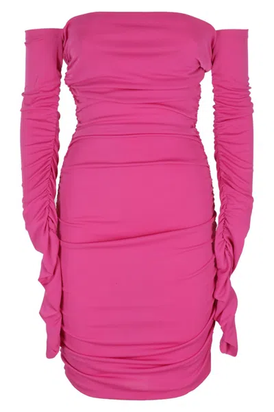 THE ANDAMANE THE ANDAMANE FUCHSIA OFF-SHOULDER MINI DRESS WITH DRAPED SIDES