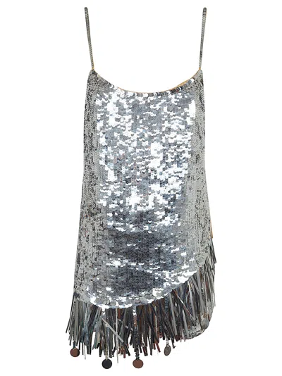 The Andamane Glamorous Metallic Mini Dress With Open Back In Silver