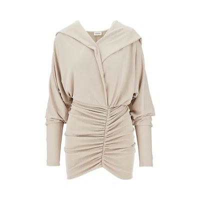 The Andamane Grace Hooded Ruched Mini Dress In Neutral