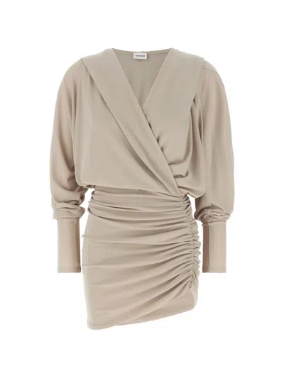 The Andamane Grace Hooded Ruched Mini Dress In Neutral