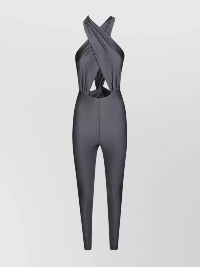 The Andamane Halter Jumpsuit With Cut-out Back And Metallic Finish In Gray