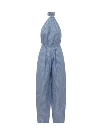 The Andamane Halter Neck Striped Jumpsuit In Light Blue/saffron