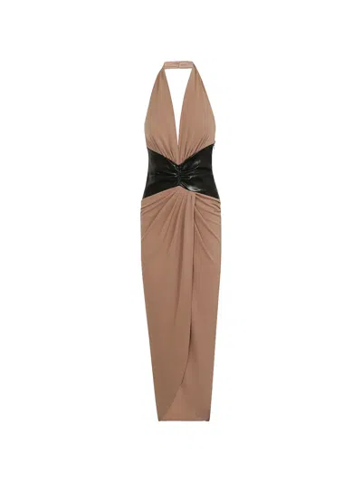 The Andamane Halterneck Draped Midi Dress In Brown
