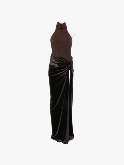 The Andamane Halterneck Draped Mini Dress With Rear Button Closure And Front Slit In Brown