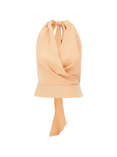 The Andamane Draped Sleeveless Top Bow Detail Buttons In Neutral