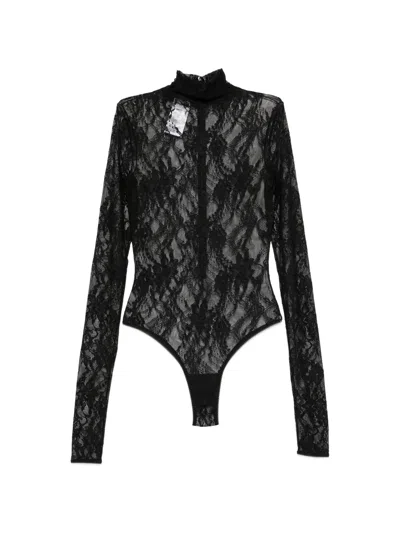 The Andamane Black Semi-sheer Lace Turtleneck Bodysuit In Animal Print